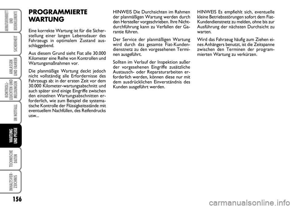 FIAT FIORINO 2009 Betriebsanleitung (in German) 156
KONTROLL-
LEUCHTEN UND
MELDUNGEN
TECHNISCHE
DATEN
INHALTSVER-
ZEICHNIS
ARMATURENBRETT
UND
BEDIENELEMENTE
SICHERHEIT
ANLASSEN
UND FAHREN
IM NOTFALL
WARTUNG
UND PFLEGE
PROGRAMMIERTE
WARTUNG
Eine FIAT FIORINO 2009 Betriebsanleitung (in German) 156
KONTROLL-
LEUCHTEN UND
MELDUNGEN
TECHNISCHE
DATEN
INHALTSVER-
ZEICHNIS
ARMATURENBRETT
UND
BEDIENELEMENTE
SICHERHEIT
ANLASSEN
UND FAHREN
IM NOTFALL
WARTUNG
UND PFLEGE
PROGRAMMIERTE
WARTUNG
Eine