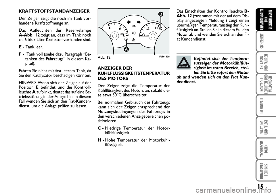 FIAT FIORINO 2009 Betriebsanleitung (in German) 15
SICHERHEIT
ANLASSEN
UND FAHREN
KONTROLL-
LEUCHTEN UND
MELDUNGEN
IM NOTFALL
WARTUNG
UND PFLEGE
TECHNISCHE
DATEN
INHALTSVER-
ZEICHNIS
ARMATURENBRETT
UND
BEDIENELEMENTE
KRAFTSTOFFSTANDANZEIGER
Der FIAT FIORINO 2009 Betriebsanleitung (in German) 15
SICHERHEIT
ANLASSEN
UND FAHREN
KONTROLL-
LEUCHTEN UND
MELDUNGEN
IM NOTFALL
WARTUNG
UND PFLEGE
TECHNISCHE
DATEN
INHALTSVER-
ZEICHNIS
ARMATURENBRETT
UND
BEDIENELEMENTE
KRAFTSTOFFSTANDANZEIGER
Der