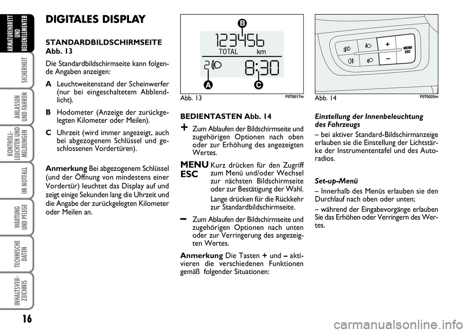 FIAT FIORINO 2009 Betriebsanleitung (in German) 16
SICHERHEIT
ANLASSEN
UND FAHREN
KONTROLL-
LEUCHTEN UND
MELDUNGEN
IM NOTFALL
WARTUNG
UND PFLEGE
TECHNISCHE
DATEN
INHALTSVER-
ZEICHNIS
ARMATURENBRETT
UND
BEDIENELEMENTE
B
BEDIENTASTEN Abb. 14
+Zum FIAT FIORINO 2009 Betriebsanleitung (in German) 16
SICHERHEIT
ANLASSEN
UND FAHREN
KONTROLL-
LEUCHTEN UND
MELDUNGEN
IM NOTFALL
WARTUNG
UND PFLEGE
TECHNISCHE
DATEN
INHALTSVER-
ZEICHNIS
ARMATURENBRETT
UND
BEDIENELEMENTE
B
BEDIENTASTEN Abb. 14
+Zum