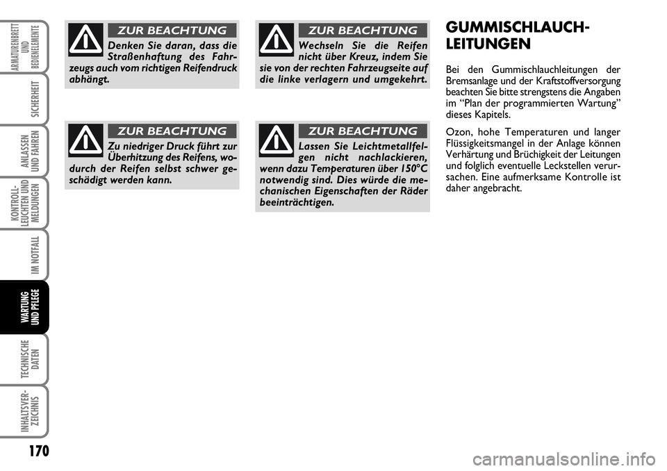 FIAT FIORINO 2009 Betriebsanleitung (in German) 170
KONTROLL-
LEUCHTEN UND
MELDUNGEN
TECHNISCHE
DATEN
INHALTSVER-
ZEICHNIS
ARMATURENBRETT
UND
BEDIENELEMENTE
SICHERHEIT
ANLASSEN
UND FAHREN
IM NOTFALL
WARTUNG
UND PFLEGE
GUMMISCHLAUCH-
LEITUNGEN
Be FIAT FIORINO 2009 Betriebsanleitung (in German) 170
KONTROLL-
LEUCHTEN UND
MELDUNGEN
TECHNISCHE
DATEN
INHALTSVER-
ZEICHNIS
ARMATURENBRETT
UND
BEDIENELEMENTE
SICHERHEIT
ANLASSEN
UND FAHREN
IM NOTFALL
WARTUNG
UND PFLEGE
GUMMISCHLAUCH-
LEITUNGEN
Be