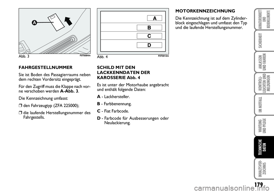 FIAT FIORINO 2009 Betriebsanleitung (in German) 179
KONTROLL-
LEUCHTEN UND
MELDUNGEN
WARTUNG
UND PFLEGE
INHALTSVER-
ZEICHNIS
ARMATURENBRETT
UND
BEDIENELEMENTE
SICHERHEIT
ANLASSEN
UND FAHREN
IM NOTFALL
TECHNISCHE
DATEN
SCHILD MIT DEN
LACKKENNDATE FIAT FIORINO 2009 Betriebsanleitung (in German) 179
KONTROLL-
LEUCHTEN UND
MELDUNGEN
WARTUNG
UND PFLEGE
INHALTSVER-
ZEICHNIS
ARMATURENBRETT
UND
BEDIENELEMENTE
SICHERHEIT
ANLASSEN
UND FAHREN
IM NOTFALL
TECHNISCHE
DATEN
SCHILD MIT DEN
LACKKENNDATE