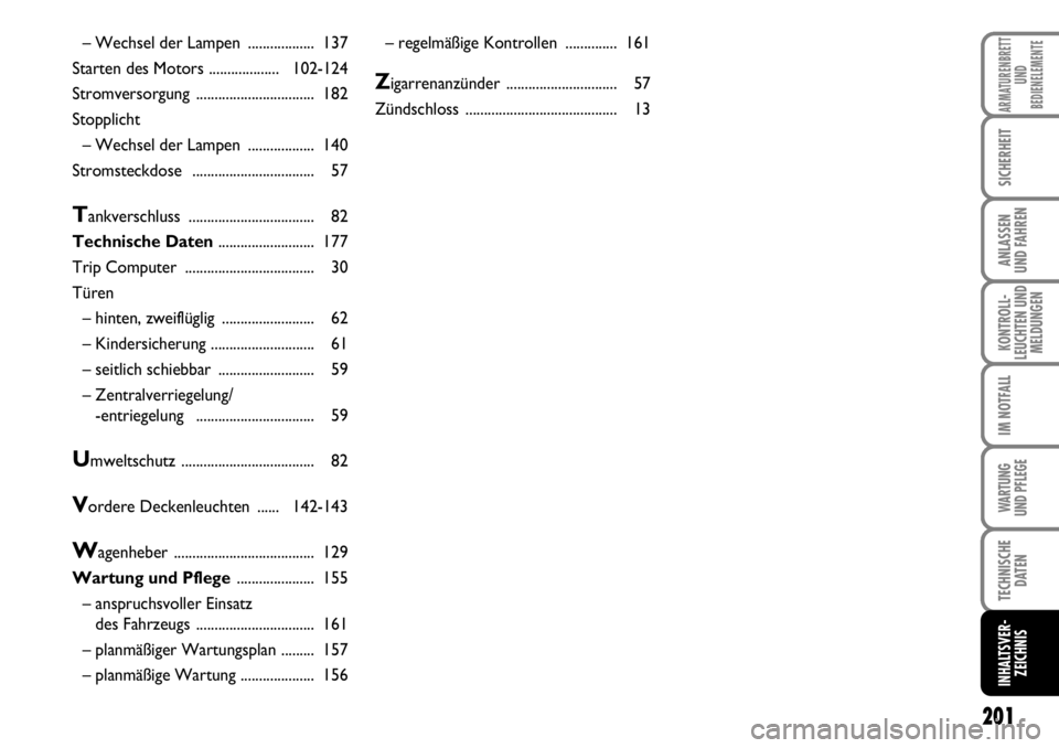 FIAT FIORINO 2009  Betriebsanleitung (in German) 201
KONTROLL-
LEUCHTEN UND
MELDUNGEN
ARMATURENBRETT
UND
BEDIENELEMENTE
SICHERHEIT
ANLASSEN 
UND FAHREN
IM NOTFALL
WARTUNG 
UND PFLEGE 
TECHNISCHE
DATEN
INHALTSVER-
ZEICHNIS
– Wechsel der Lampen ....