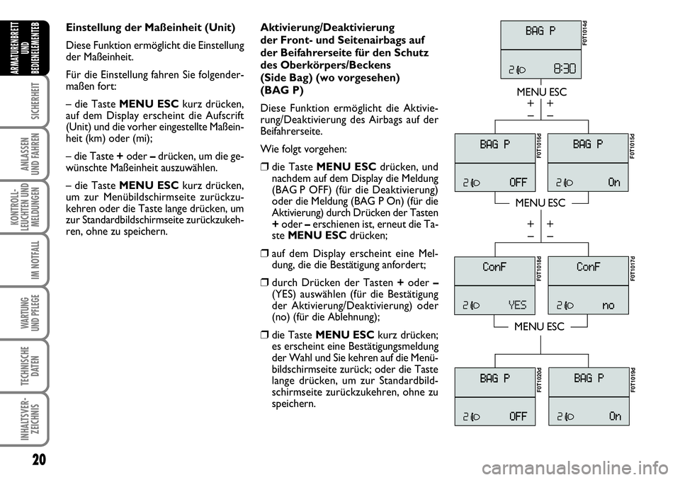 FIAT FIORINO 2009  Betriebsanleitung (in German) 20
SICHERHEIT
ANLASSEN 
UND FAHREN
KONTROLL-
LEUCHTEN UND
MELDUNGEN
IM NOTFALL
WARTUNG 
UND PFLEGE 
TECHNISCHE
DATEN
INHALTSVER-
ZEICHNIS
ARMATURENBRETT
UND
BEDIENELEMENTE
BEinstellung der Maßeinheit