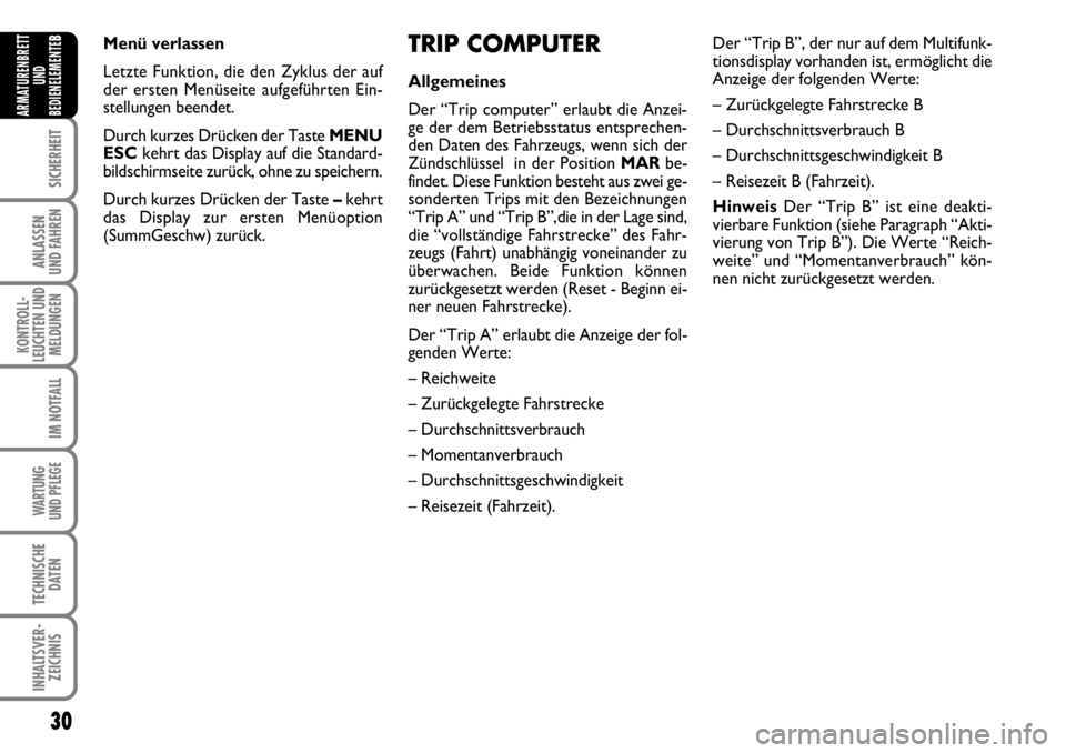 FIAT FIORINO 2009  Betriebsanleitung (in German) 30
SICHERHEIT
ANLASSEN 
UND FAHREN
KONTROLL-
LEUCHTEN UND
MELDUNGEN
IM NOTFALL
WARTUNG 
UND PFLEGE 
TECHNISCHE
DATEN
INHALTSVER-
ZEICHNIS
ARMATURENBRETT
UND
BEDIENELEMENTE
BTRIP COMPUTER
Allgemeines
D
