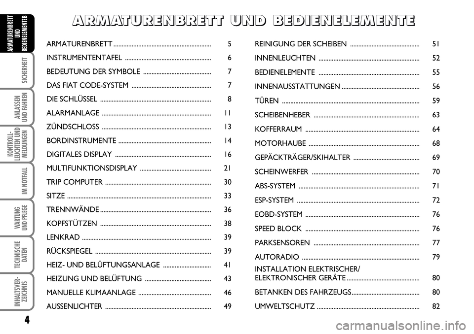 FIAT FIORINO 2009  Betriebsanleitung (in German) 4
SICHERHEIT
ANLASSEN 
UND FAHREN
KONTROLL-
LEUCHTEN UND
MELDUNGEN
IM NOTFALL
WARTUNG 
UND PFLEGE 
TECHNISCHE
DATEN
INHALTSVER-
ZEICHNIS
ARMATURENBRETT
UND
BEDIENELEMENTE
B
ARMATURENBRETT.............