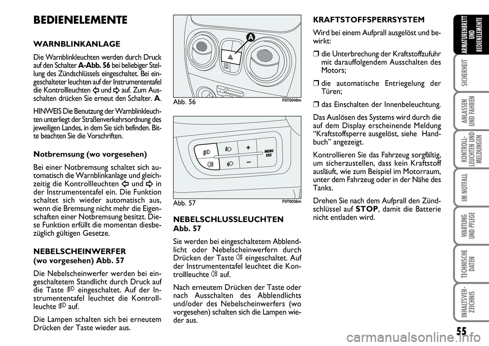 FIAT FIORINO 2009  Betriebsanleitung (in German) 55
SICHERHEIT
ANLASSEN 
UND FAHREN
KONTROLL-
LEUCHTEN UND
MELDUNGEN
IM NOTFALL
WARTUNG 
UND PFLEGE 
TECHNISCHE
DATEN
INHALTSVER-
ZEICHNIS
ARMATURENBRETT
UND
BEDIENELEMENTE
BEDIENELEMENTE
WARNBLINKANLA