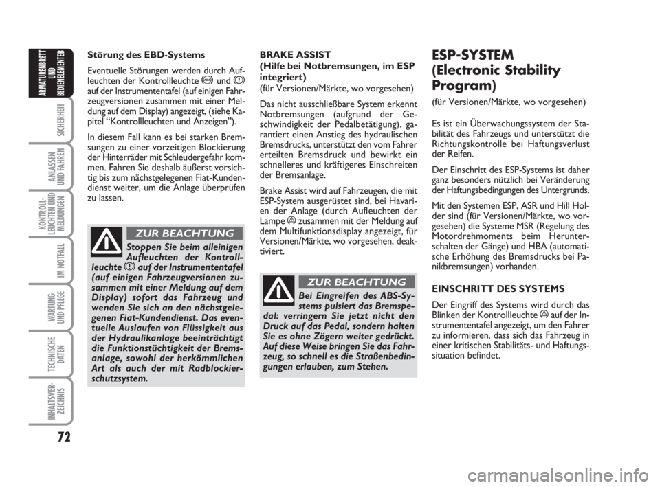 FIAT FIORINO 2014  Betriebsanleitung (in German) 72
SICHERHEIT
ANLASSEN
UND FAHREN
KONTROLL-
LEUCHTEN UND
MELDUNGEN
IM NOTFALL
WARTUNG 
UND PFLEGE 
TECHNISCHE
DATEN
INHALTSVER-
ZEICHNIS
ARMATURENBRETT
UND
BEDIENELEMENTE
BStörung des EBD-Systems
Eve