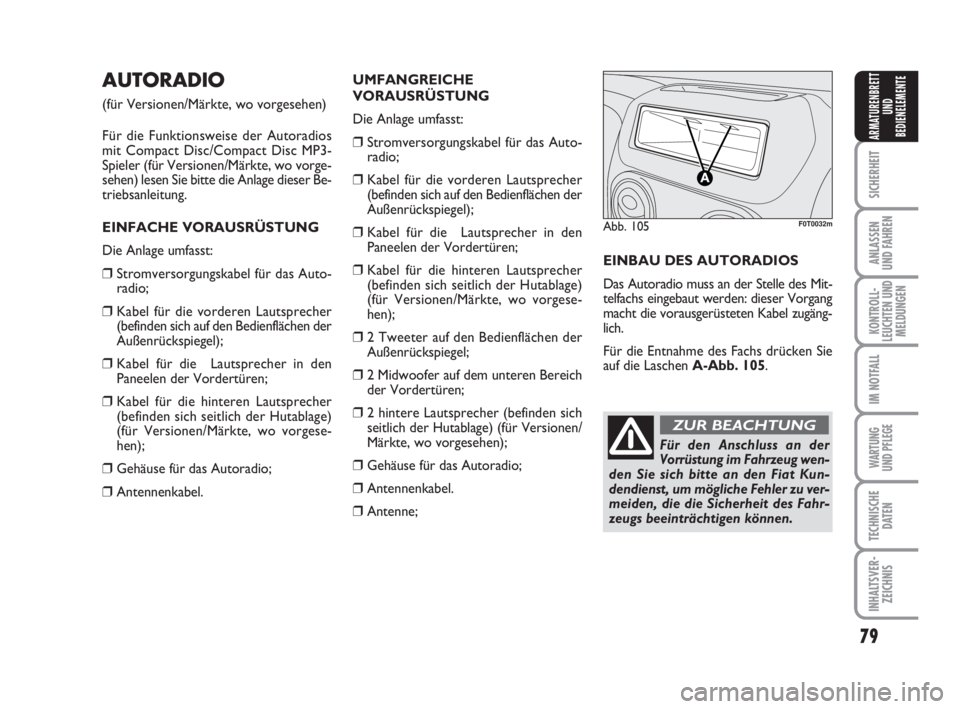 FIAT FIORINO 2013  Betriebsanleitung (in German) 79
SICHERHEIT
ANLASSEN
UND FAHREN
KONTROLL-
LEUCHTEN UND
MELDUNGEN
IM NOTFALL
WARTUNG 
UND PFLEGE 
TECHNISCHE
DATEN
INHALTSVER-
ZEICHNIS
ARMATURENBRETT
UND
BEDIENELEMENTE
AUTORADIO
(für Versionen/Mä