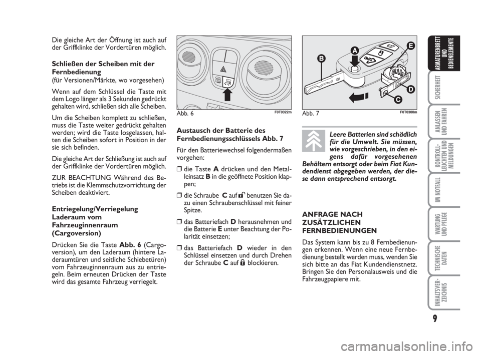 FIAT FIORINO 2016  Betriebsanleitung (in German) 9
SICHERHEIT
ANLASSEN
UND FAHREN
KONTROLL-
LEUCHTEN UND
MELDUNGEN
IM NOTFALL
WARTUNG 
UND PFLEGE 
TECHNISCHE
DATEN
INHALTSVER-
ZEICHNIS
ARMATURENBRETT
UND
BEDIENELEMENTE
Die gleiche Art der Öffnung i