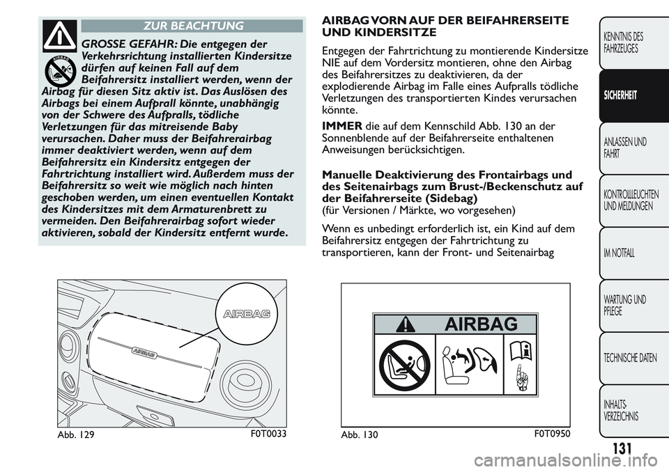 FIAT FIORINO 2017 Betriebsanleitung (in German) ZUR BEACHTUNG
GROSSE GEFAHR: Die entgegen der
Verkehrsrichtung installierten Kindersitze
dürfen auf keinen Fall auf dem
Beifahrersitz installiert werden, wenn der
Airbag für diesen Sitz aktiv ist . FIAT FIORINO 2017 Betriebsanleitung (in German) ZUR BEACHTUNG
GROSSE GEFAHR: Die entgegen der
Verkehrsrichtung installierten Kindersitze
dürfen auf keinen Fall auf dem
Beifahrersitz installiert werden, wenn der
Airbag für diesen Sitz aktiv ist .