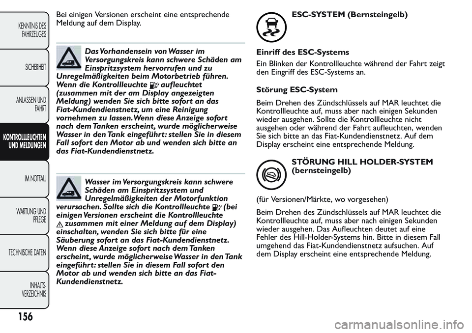 FIAT FIORINO 2017 Betriebsanleitung (in German) Bei einigen Versionen erscheint eine entsprechende
Meldung auf dem Display.
Das Vorhandensein von Wasser im
Versorgungskreis kann schwere Schäden am
Einspritzsystem hervorrufen und zu
Unregelmäßigk FIAT FIORINO 2017 Betriebsanleitung (in German) Bei einigen Versionen erscheint eine entsprechende
Meldung auf dem Display.
Das Vorhandensein von Wasser im
Versorgungskreis kann schwere Schäden am
Einspritzsystem hervorrufen und zu
Unregelmäßigk