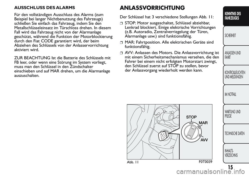 FIAT FIORINO 2017 Betriebsanleitung (in German) AUSSCHLUSS DES ALARMS
Für den vollständigen Ausschluss des Alarms (zum
Beispiel bei langer Nichtbenutzung des Fahrzeugs)
schließen Sie einfach das Fahrzeug, indem Sie den
Metallschlüsseleinsatz im FIAT FIORINO 2017 Betriebsanleitung (in German) AUSSCHLUSS DES ALARMS
Für den vollständigen Ausschluss des Alarms (zum
Beispiel bei langer Nichtbenutzung des Fahrzeugs)
schließen Sie einfach das Fahrzeug, indem Sie den
Metallschlüsseleinsatz im