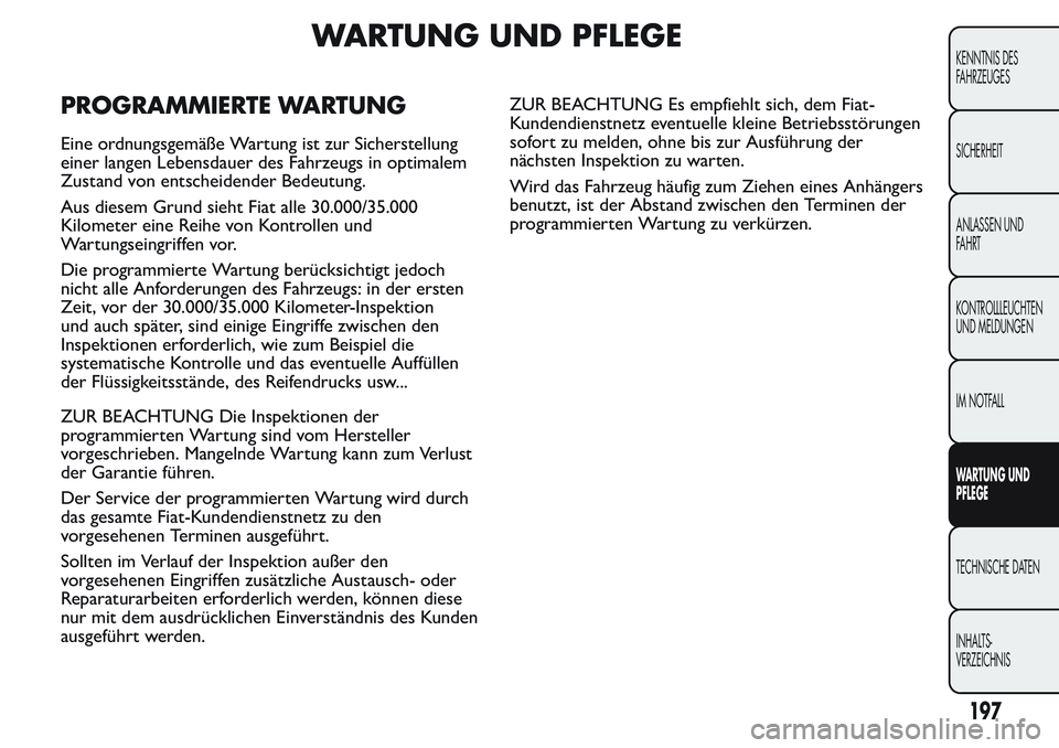 FIAT FIORINO 2017 Betriebsanleitung (in German) WARTUNG UND PFLEGE
PROGRAMMIERTE WARTUNG
Eine ordnungsgemäße Wartung ist zur Sicherstellung
einer langen Lebensdauer des Fahrzeugs in optimalem
Zustand von entscheidender Bedeutung.
Aus diesem Grund FIAT FIORINO 2017 Betriebsanleitung (in German) WARTUNG UND PFLEGE
PROGRAMMIERTE WARTUNG
Eine ordnungsgemäße Wartung ist zur Sicherstellung
einer langen Lebensdauer des Fahrzeugs in optimalem
Zustand von entscheidender Bedeutung.
Aus diesem Grund