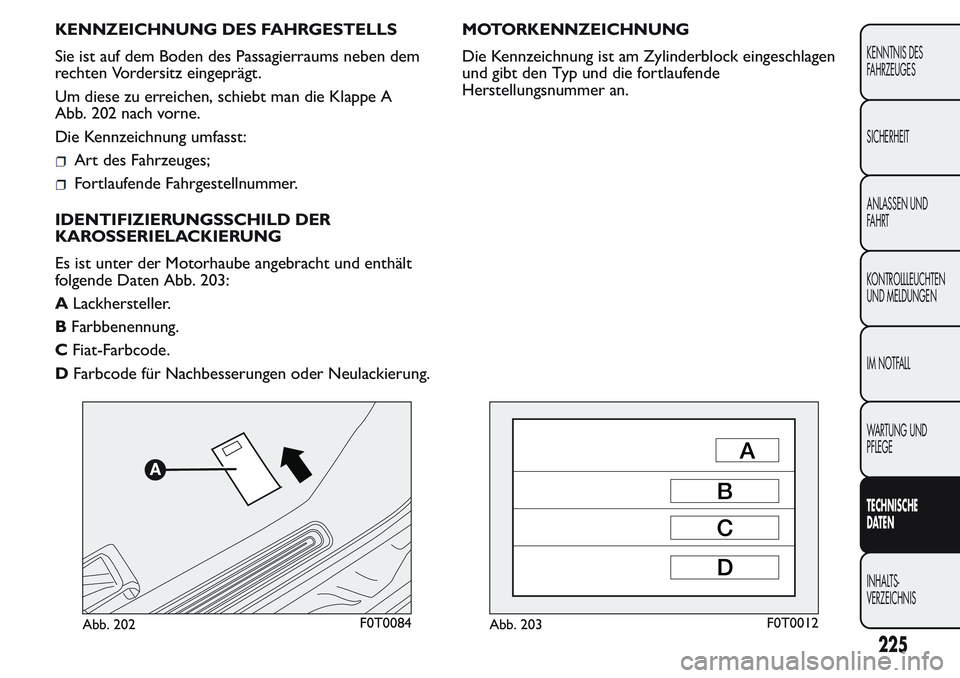FIAT FIORINO 2017 Betriebsanleitung (in German) KENNZEICHNUNG DES FAHRGESTELLS
Sie ist auf dem Boden des Passagierraums neben dem
rechten Vordersitz eingeprägt.
Um diese zu erreichen, schiebt man die Klappe A
Abb. 202 nach vorne.
Die Kennzeichnung FIAT FIORINO 2017 Betriebsanleitung (in German) KENNZEICHNUNG DES FAHRGESTELLS
Sie ist auf dem Boden des Passagierraums neben dem
rechten Vordersitz eingeprägt.
Um diese zu erreichen, schiebt man die Klappe A
Abb. 202 nach vorne.
Die Kennzeichnung