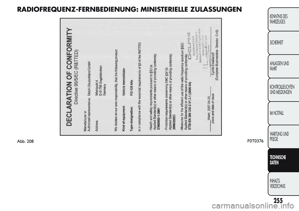 FIAT FIORINO 2017 Betriebsanleitung (in German) RADIOFREQUENZ-FERNBEDIENUNG: MINISTERIELLE ZULASSUNGEN
Abb. 208F0T0376
255
KENNTNIS DES
FAHRZEUGES
SICHERHEIT
ANLASSEN UND
FAHRT
KONTROLLLEUCHTEN
UND MELDUNGEN
IM NOTFALL
WARTUNG UND
PFLEGE
TECHNISCHE FIAT FIORINO 2017 Betriebsanleitung (in German) RADIOFREQUENZ-FERNBEDIENUNG: MINISTERIELLE ZULASSUNGEN
Abb. 208F0T0376
255
KENNTNIS DES
FAHRZEUGES
SICHERHEIT
ANLASSEN UND
FAHRT
KONTROLLLEUCHTEN
UND MELDUNGEN
IM NOTFALL
WARTUNG UND
PFLEGE
TECHNISCHE