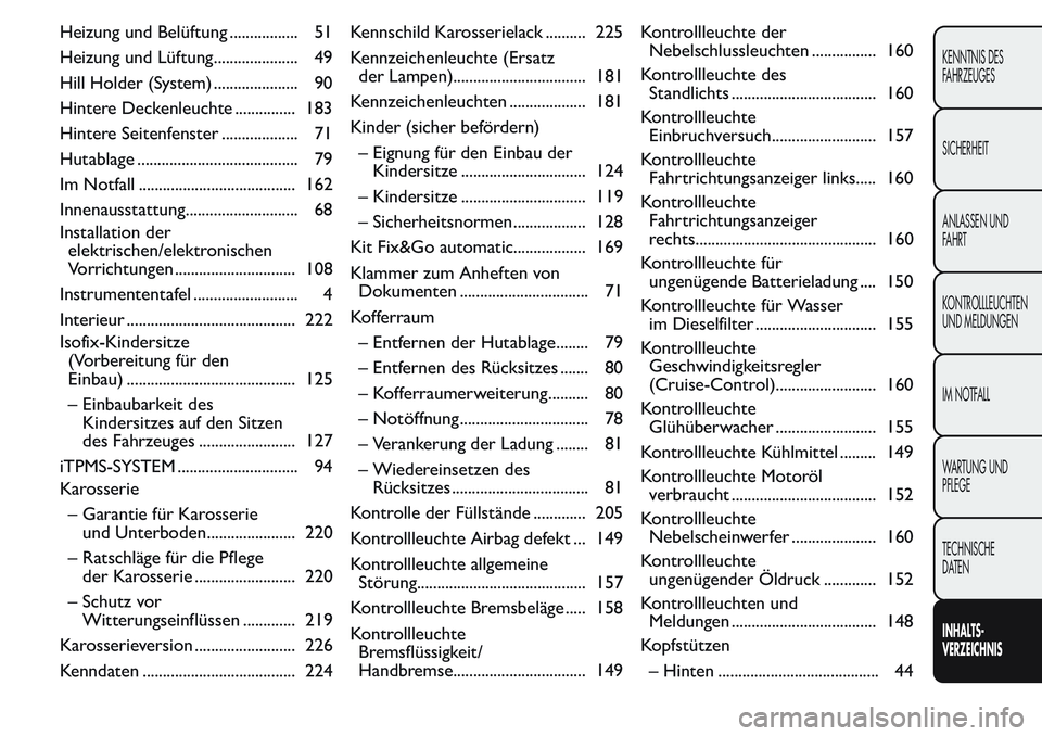 FIAT FIORINO 2017 Betriebsanleitung (in German) Heizung und Belüftung ................. 51
Heizung und Lüftung..................... 49
Hill Holder (System) ..................... 90
Hintere Deckenleuchte ............... 183
Hintere Seitenfenster . FIAT FIORINO 2017 Betriebsanleitung (in German) Heizung und Belüftung ................. 51
Heizung und Lüftung..................... 49
Hill Holder (System) ..................... 90
Hintere Deckenleuchte ............... 183
Hintere Seitenfenster .