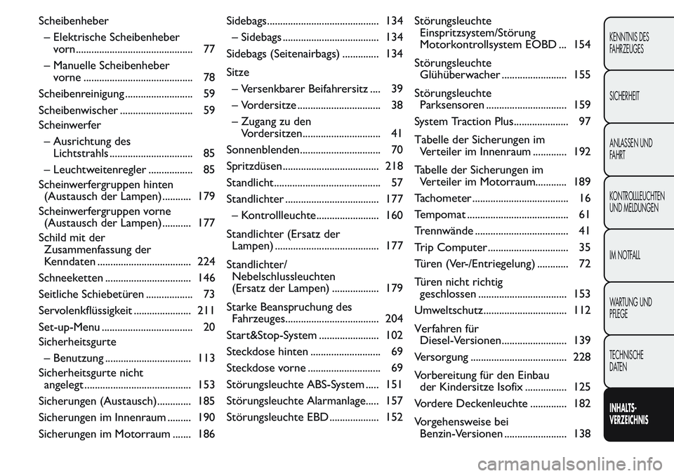 FIAT FIORINO 2017 Betriebsanleitung (in German) Scheibenheber
– Elektrische Scheibenheber
vorn............................................. 77
– Manuelle Scheibenheber
vorne .......................................... 78
Scheibenreinigung ...... FIAT FIORINO 2017 Betriebsanleitung (in German) Scheibenheber
– Elektrische Scheibenheber
vorn............................................. 77
– Manuelle Scheibenheber
vorne .......................................... 78
Scheibenreinigung ......
