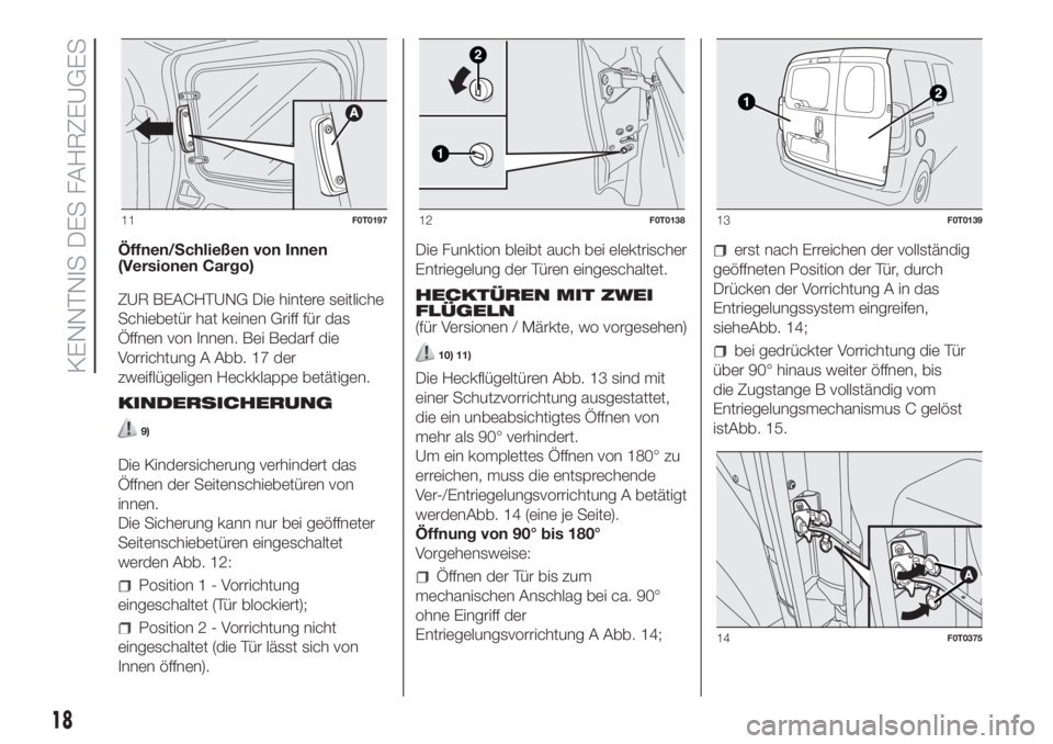 FIAT FIORINO 2019  Betriebsanleitung (in German) Öffnen/Schließen von Innen
(Versionen Cargo)
ZUR BEACHTUNG Die hintere seitliche
Schiebetür hat keinen Griff für das
Öffnen von Innen. Bei Bedarf die
Vorrichtung A Abb. 17 der
zweiflügeligen Hec