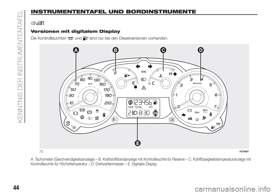 FIAT FIORINO 2019  Betriebsanleitung (in German) INSTRUMENTENTAFEL UND BORDINSTRUMENTE.
.
Versionen mit digitalem Display
Die Kontrollleuchten
undsind nur bei den Dieselversionen vorhanden.
A. Tachometer (Geschwindigkeitsanzeige) – B. Kraftstoffst