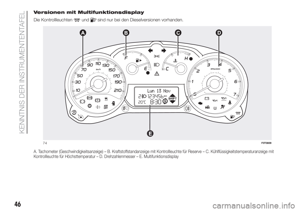 FIAT FIORINO 2019  Betriebsanleitung (in German) Versionen mit Multifunktionsdisplay
Die Kontrollleuchten
undsind nur bei den Dieselversionen vorhanden.
A. Tachometer (Geschwindigkeitsanzeige) – B. Kraftstoffstandanzeige mit Kontrollleuchte für R