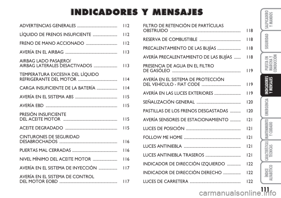 FIAT FIORINO 2007  Manual de Empleo y Cuidado (in Spanish) 111
EMERGENCIA
MANTENIMIENTOY CUIDADO
CARACTERÍSTICASTÉCNICAS
ÍNDICE
ALFABÉTICO
SALPICADERO
Y MANDOS
SEGURIDAD
PUESTA EN
MARCHA Y
CONDUCCIÓN
INDICADORES
Y MENSAJES
ADVERTENCIAS GENERALES.........