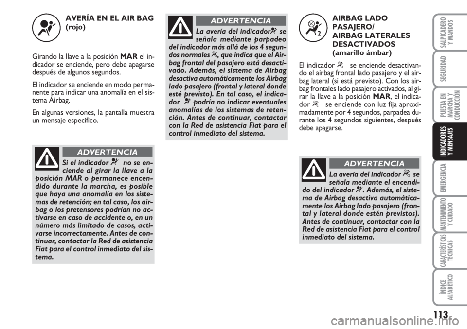 FIAT FIORINO 2007  Manual de Empleo y Cuidado (in Spanish) 113
EMERGENCIA
MANTENIMIENTOY CUIDADO
CARACTERÍSTICASTÉCNICAS
ÍNDICE
ALFABÉTICO
SALPICADERO
Y MANDOS
SEGURIDAD
PUESTA EN
MARCHA Y
CONDUCCIÓN
INDICADORES
Y MENSAJES
AVERÍA EN EL AIR BAG
(rojo)
Gi