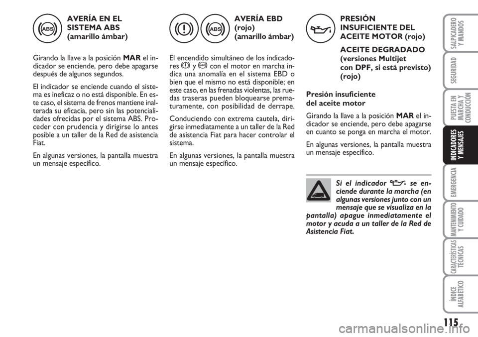 FIAT FIORINO 2007  Manual de Empleo y Cuidado (in Spanish) 115
EMERGENCIA
MANTENIMIENTOY CUIDADO
CARACTERÍSTICASTÉCNICAS
ÍNDICE
ALFABÉTICO
SALPICADERO
Y MANDOS
SEGURIDAD
PUESTA EN
MARCHA Y
CONDUCCIÓN
INDICADORES
Y MENSAJES
AVERÍA EN EL
SISTEMA ABS 
(ama
