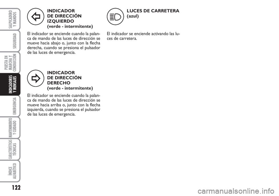 FIAT FIORINO 2007 Manual de Empleo y Cuidado (in Spanish) 122
EMERGENCIA
MANTENIMIENTOY CUIDADO
CARACTERÍSTICASTÉCNICAS
ÍNDICE
ALFABÉTICO
SALPICADERO
Y MANDOS
SEGURIDAD
PUESTA EN
MARCHA Y
CONDUCCIÓN
INDICADORES
Y MENSAJES
INDICADOR
DE DIRECCIÓN
IZQUIE FIAT FIORINO 2007 Manual de Empleo y Cuidado (in Spanish) 122
EMERGENCIA
MANTENIMIENTOY CUIDADO
CARACTERÍSTICASTÉCNICAS
ÍNDICE
ALFABÉTICO
SALPICADERO
Y MANDOS
SEGURIDAD
PUESTA EN
MARCHA Y
CONDUCCIÓN
INDICADORES
Y MENSAJES
INDICADOR
DE DIRECCIÓN
IZQUIE