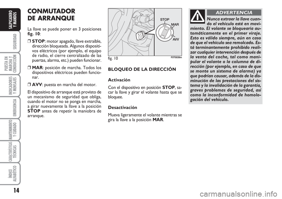 FIAT FIORINO 2007 Manual de Empleo y Cuidado (in Spanish) 14
SEGURIDAD
PUESTA EN
MARCHA Y
CONDUCCIÓN
INDICADORES
Y MENSAJES
EMERGENCIA
MANTENIMIENTOY CUIDADO
CARACTERÍSTICASTÉCNICAS
ÍNDICE
ALFABÉTICO
SALPICADERO
Y MANDOS
fig. 10F0T0039m
Nunca extraer la FIAT FIORINO 2007 Manual de Empleo y Cuidado (in Spanish) 14
SEGURIDAD
PUESTA EN
MARCHA Y
CONDUCCIÓN
INDICADORES
Y MENSAJES
EMERGENCIA
MANTENIMIENTOY CUIDADO
CARACTERÍSTICASTÉCNICAS
ÍNDICE
ALFABÉTICO
SALPICADERO
Y MANDOS
fig. 10F0T0039m
Nunca extraer la