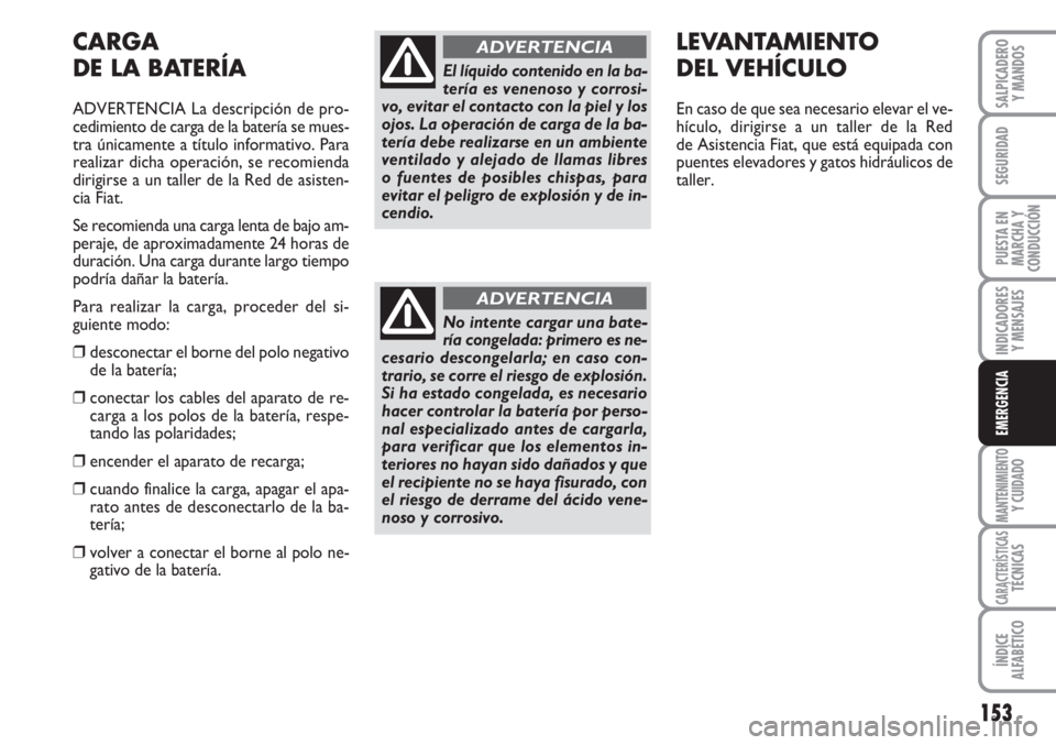 FIAT FIORINO 2007  Manual de Empleo y Cuidado (in Spanish) 153
INDICADORES
Y MENSAJES
MANTENIMIENTOY CUIDADO
CARACTERÍSTICASTÉCNICAS
ÍNDICE
ALFABÉTICO
SALPICADERO
Y MANDOS
SEGURIDAD
PUESTA EN
MARCHA Y
CONDUCCIÓN
EMERGENCIA
CARGA
DE LA BATERÍA
ADVERTENCI