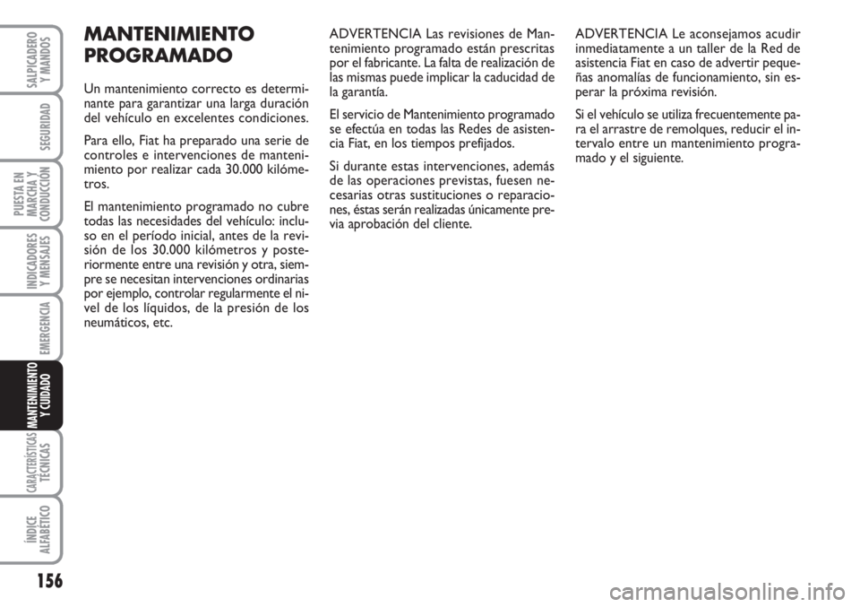 FIAT FIORINO 2007  Manual de Empleo y Cuidado (in Spanish) 156
INDICADORES
Y MENSAJES
CARACTERÍSTICASTÉCNICAS
ÍNDICE
ALFABÉTICO
SALPICADERO
Y MANDOS
SEGURIDAD
PUESTA EN
MARCHA Y
CONDUCCIÓN
EMERGENCIA
MANTENIMIENTO
Y CUIDADO 
MANTENIMIENTO
PROGRAMADO
Un m