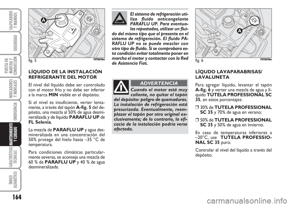FIAT FIORINO 2007  Manual de Empleo y Cuidado (in Spanish) 164
INDICADORES
Y MENSAJES
CARACTERÍSTICASTÉCNICAS
ÍNDICE
ALFABÉTICO
SALPICADERO
Y MANDOS
SEGURIDAD
PUESTA EN
MARCHA Y
CONDUCCIÓN
EMERGENCIA
MANTENIMIENTO
Y CUIDADO 
LÍQUIDO DE LA INSTALACIÓN
R