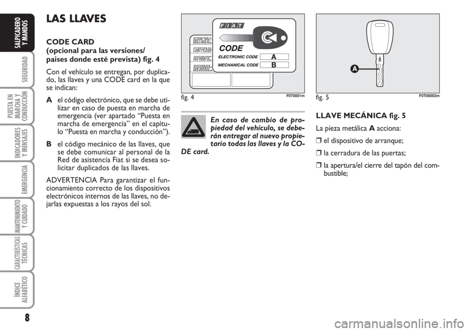 FIAT FIORINO 2007  Manual de Empleo y Cuidado (in Spanish) 8
SEGURIDAD
PUESTA EN
MARCHA Y
CONDUCCIÓN
INDICADORES
Y MENSAJES
EMERGENCIA
MANTENIMIENTOY CUIDADO
CARACTERÍSTICASTÉCNICAS
ÍNDICE
ALFABÉTICO
SALPICADERO
Y MANDOS
LAS LLAVES
CODE CARD
(opcional pa