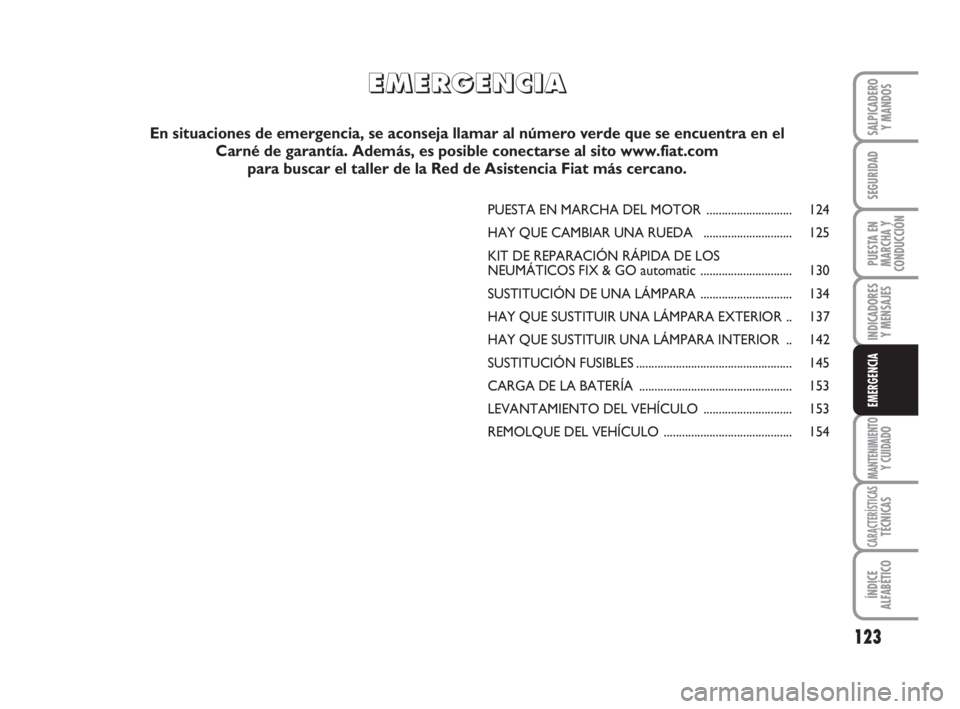 FIAT FIORINO 2009 Manual de Empleo y Cuidado (in Spanish) 123
INDICADORES
Y MENSAJES
MANTENIMIENTOY CUIDADO
CARACTERÍSTICASTÉCNICAS
ÍNDICE
ALFABÉTICO
SALPICADERO
Y MANDOS
SEGURIDAD
PUESTA EN
MARCHA Y
CONDUCCIÓN
EMERGENCIA
PUESTA EN MARCHA DEL MOTOR .... FIAT FIORINO 2009 Manual de Empleo y Cuidado (in Spanish) 123
INDICADORES
Y MENSAJES
MANTENIMIENTOY CUIDADO
CARACTERÍSTICASTÉCNICAS
ÍNDICE
ALFABÉTICO
SALPICADERO
Y MANDOS
SEGURIDAD
PUESTA EN
MARCHA Y
CONDUCCIÓN
EMERGENCIA
PUESTA EN MARCHA DEL MOTOR ....