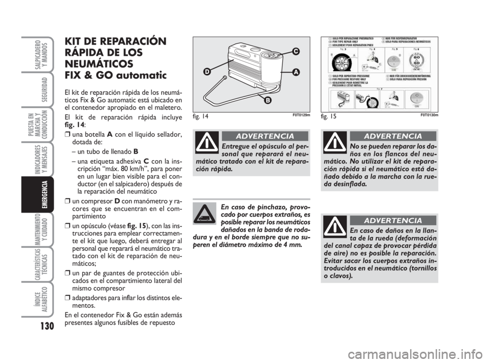 FIAT FIORINO 2009 Manual de Empleo y Cuidado (in Spanish) 130
INDICADORES
Y MENSAJES
MANTENIMIENTOY CUIDADO
CARACTERÍSTICASTÉCNICAS
ÍNDICE
ALFABÉTICO
SALPICADERO
Y MANDOS
SEGURIDAD
PUESTA EN
MARCHA Y
CONDUCCIÓN
EMERGENCIA
KIT DE REPARACIÓN
RÁPIDA DE L FIAT FIORINO 2009 Manual de Empleo y Cuidado (in Spanish) 130
INDICADORES
Y MENSAJES
MANTENIMIENTOY CUIDADO
CARACTERÍSTICASTÉCNICAS
ÍNDICE
ALFABÉTICO
SALPICADERO
Y MANDOS
SEGURIDAD
PUESTA EN
MARCHA Y
CONDUCCIÓN
EMERGENCIA
KIT DE REPARACIÓN
RÁPIDA DE L