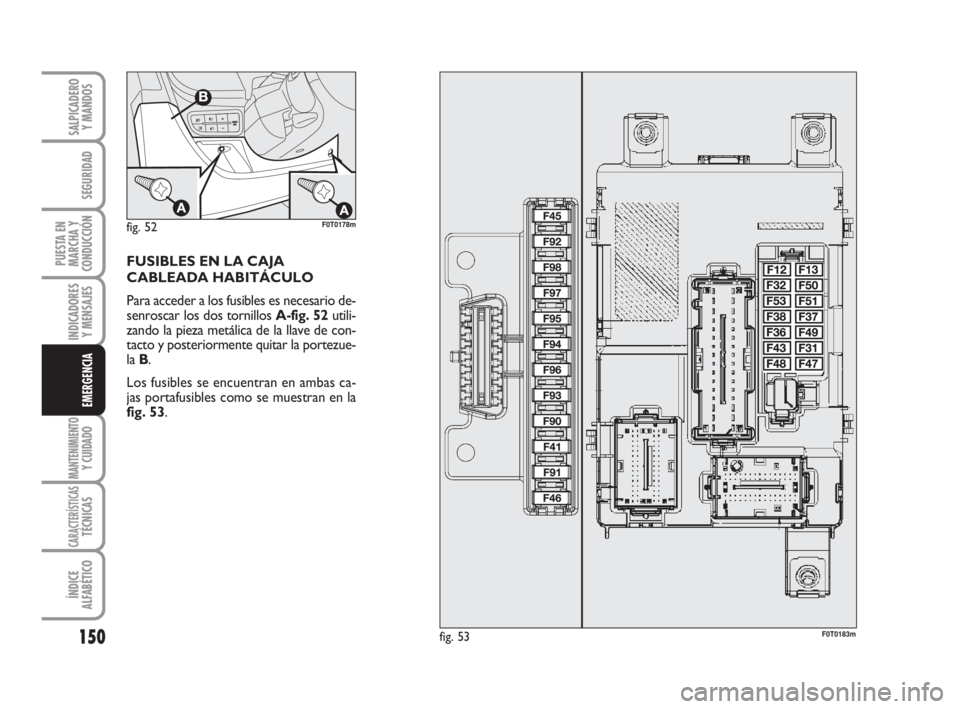 FIAT FIORINO 2009 Manual de Empleo y Cuidado (in Spanish) 150
INDICADORES
Y MENSAJES
MANTENIMIENTOY CUIDADO
CARACTERÍSTICASTÉCNICAS
ÍNDICE
ALFABÉTICO
SALPICADERO
Y MANDOS
SEGURIDAD
PUESTA EN
MARCHA Y
CONDUCCIÓN
EMERGENCIA
FUSIBLES EN LA CAJA
CABLEADA H FIAT FIORINO 2009 Manual de Empleo y Cuidado (in Spanish) 150
INDICADORES
Y MENSAJES
MANTENIMIENTOY CUIDADO
CARACTERÍSTICASTÉCNICAS
ÍNDICE
ALFABÉTICO
SALPICADERO
Y MANDOS
SEGURIDAD
PUESTA EN
MARCHA Y
CONDUCCIÓN
EMERGENCIA
FUSIBLES EN LA CAJA
CABLEADA H