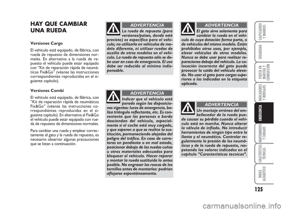 FIAT FIORINO 2010  Manual de Empleo y Cuidado (in Spanish) 125
INDICADORES
Y MENSAJES
MANTENIMIENTOY CUIDADO
CARACTERÍSTICASTÉCNICAS
ÍNDICE
ALFABÉTICO
SALPICADERO
Y MANDOS
SEGURIDAD
PUESTA EN
MARCHA Y
CONDUCCIÓN
EMERGENCIA
HAY QUE CAMBIAR
UNA RUEDA
Versi