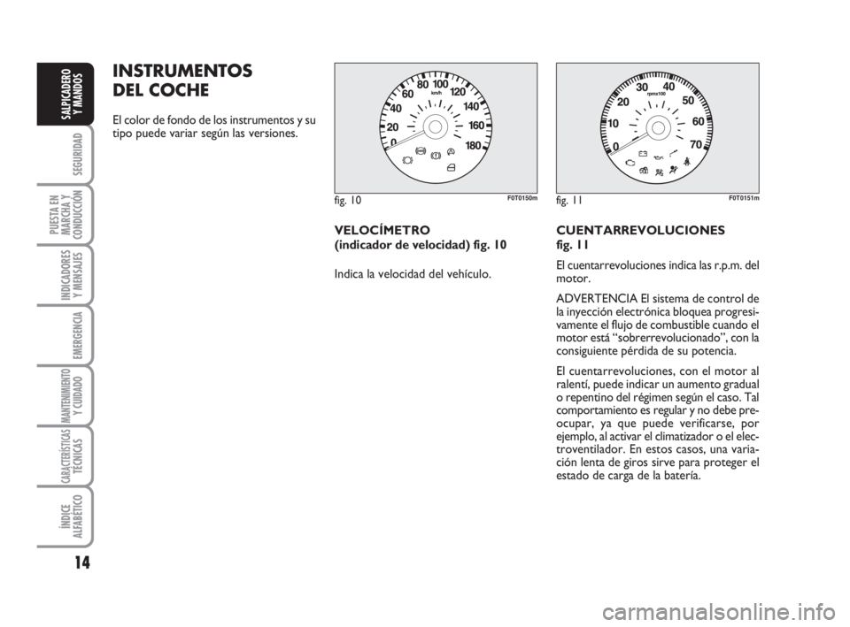 FIAT FIORINO 2016  Manual de Empleo y Cuidado (in Spanish) INSTRUMENTOS
DEL COCHE
El color de fondo de los instrumentos y su
tipo puede variar según las versiones.
VELOCÍMETRO 
(indicador de velocidad) fig. 10
Indica la velocidad del vehículo.CUENTARREVOLU