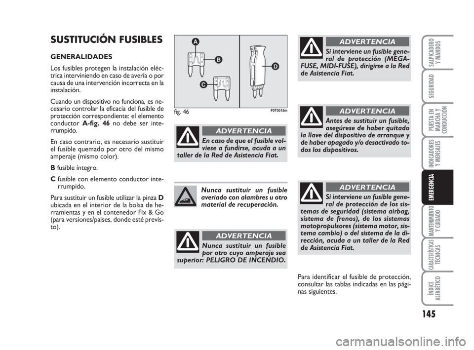 FIAT FIORINO 2011 Manual de Empleo y Cuidado (in Spanish) 145
INDICADORES
Y MENSAJES
MANTENIMIENTOY CUIDADO
CARACTERÍSTICASTÉCNICAS
ÍNDICE
ALFABÉTICO
SALPICADERO
Y MANDOS
SEGURIDAD
PUESTA EN
MARCHA Y
CONDUCCIÓN
EMERGENCIA
SUSTITUCIÓN FUSIBLES
GENERALID FIAT FIORINO 2011 Manual de Empleo y Cuidado (in Spanish) 145
INDICADORES
Y MENSAJES
MANTENIMIENTOY CUIDADO
CARACTERÍSTICASTÉCNICAS
ÍNDICE
ALFABÉTICO
SALPICADERO
Y MANDOS
SEGURIDAD
PUESTA EN
MARCHA Y
CONDUCCIÓN
EMERGENCIA
SUSTITUCIÓN FUSIBLES
GENERALID