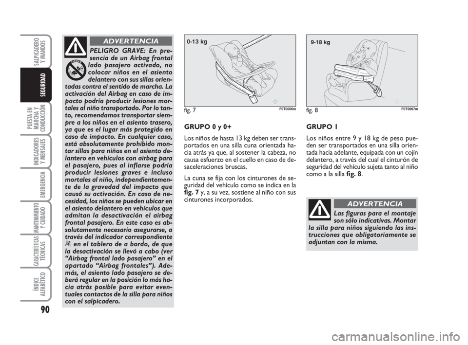 FIAT FIORINO 2010 Manual de Empleo y Cuidado (in Spanish) 90
PUESTA EN
MARCHA Y
CONDUCCIÓN
INDICADORES
Y MENSAJES
EMERGENCIA
MANTENIMIENTOY CUIDADO
CARACTERÍSTICASTÉCNICAS
ÍNDICE
ALFABÉTICO
SALPICADERO
Y MANDOS
SEGURIDAD
PELIGRO GRAVE: En pre-
sencia de FIAT FIORINO 2010 Manual de Empleo y Cuidado (in Spanish) 90
PUESTA EN
MARCHA Y
CONDUCCIÓN
INDICADORES
Y MENSAJES
EMERGENCIA
MANTENIMIENTOY CUIDADO
CARACTERÍSTICASTÉCNICAS
ÍNDICE
ALFABÉTICO
SALPICADERO
Y MANDOS
SEGURIDAD
PELIGRO GRAVE: En pre-
sencia de
