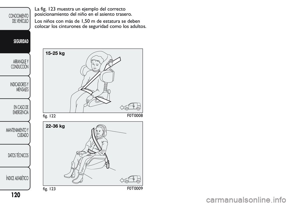 FIAT FIORINO 2017 Manual de Empleo y Cuidado (in Spanish) La fig. 123 muestra un ejemplo del correcto
posicionamiento del niño en el asiento trasero.
Los niños con más de 1,50 m de estatura se deben
colocar los cinturones de seguridad como los adultos.
fi FIAT FIORINO 2017 Manual de Empleo y Cuidado (in Spanish) La fig. 123 muestra un ejemplo del correcto
posicionamiento del niño en el asiento trasero.
Los niños con más de 1,50 m de estatura se deben
colocar los cinturones de seguridad como los adultos.
fi