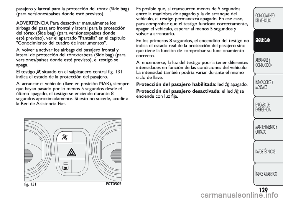 FIAT FIORINO 2017 Manual de Empleo y Cuidado (in Spanish) pasajero y lateral para la protección del tórax (Side bag)
(para versiones/países donde esté previsto).
ADVERTENCIA Para desactivar manualmente los
airbags del pasajero frontal y lateral para la p FIAT FIORINO 2017 Manual de Empleo y Cuidado (in Spanish) pasajero y lateral para la protección del tórax (Side bag)
(para versiones/países donde esté previsto).
ADVERTENCIA Para desactivar manualmente los
airbags del pasajero frontal y lateral para la p