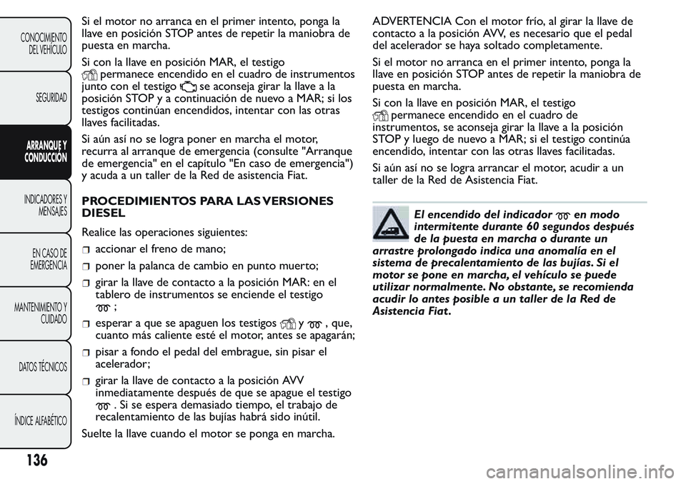 FIAT FIORINO 2017 Manual de Empleo y Cuidado (in Spanish) Si el motor no arranca en el primer intento, ponga la
llave en posición STOP antes de repetir la maniobra de
puesta en marcha.
Si con la llave en posición MAR, el testigo
permanece encendido en el c FIAT FIORINO 2017 Manual de Empleo y Cuidado (in Spanish) Si el motor no arranca en el primer intento, ponga la
llave en posición STOP antes de repetir la maniobra de
puesta en marcha.
Si con la llave en posición MAR, el testigo
permanece encendido en el c