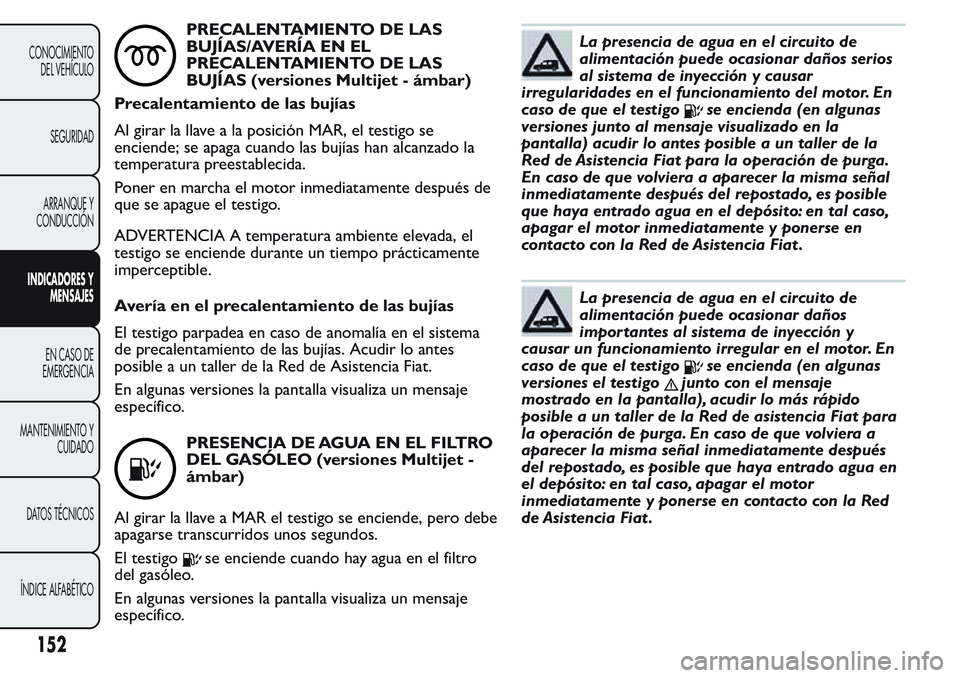 FIAT FIORINO 2017 Manual de Empleo y Cuidado (in Spanish) PRECALENTAMIENTO DE LAS
BUJÍAS/AVERÍA EN EL
PRECALENTAMIENTO DE LAS
BUJÍAS (versiones Multijet - ámbar)
Precalentamiento de las bujías
Al girar la llave a la posición MAR, el testigo se
enciende FIAT FIORINO 2017 Manual de Empleo y Cuidado (in Spanish) PRECALENTAMIENTO DE LAS
BUJÍAS/AVERÍA EN EL
PRECALENTAMIENTO DE LAS
BUJÍAS (versiones Multijet - ámbar)
Precalentamiento de las bujías
Al girar la llave a la posición MAR, el testigo se
enciende