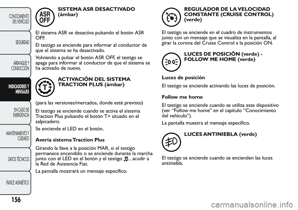 FIAT FIORINO 2017 Manual de Empleo y Cuidado (in Spanish) SISTEMA ASR DESACTIVADO
(ámbar)
El sistema ASR se desactiva pulsando el botón ASR
OFF.
El testigo se enciende para informar al conductor de
que el sistema se ha desactivado.
Volviendo a pulsar el bo FIAT FIORINO 2017 Manual de Empleo y Cuidado (in Spanish) SISTEMA ASR DESACTIVADO
(ámbar)
El sistema ASR se desactiva pulsando el botón ASR
OFF.
El testigo se enciende para informar al conductor de
que el sistema se ha desactivado.
Volviendo a pulsar el bo