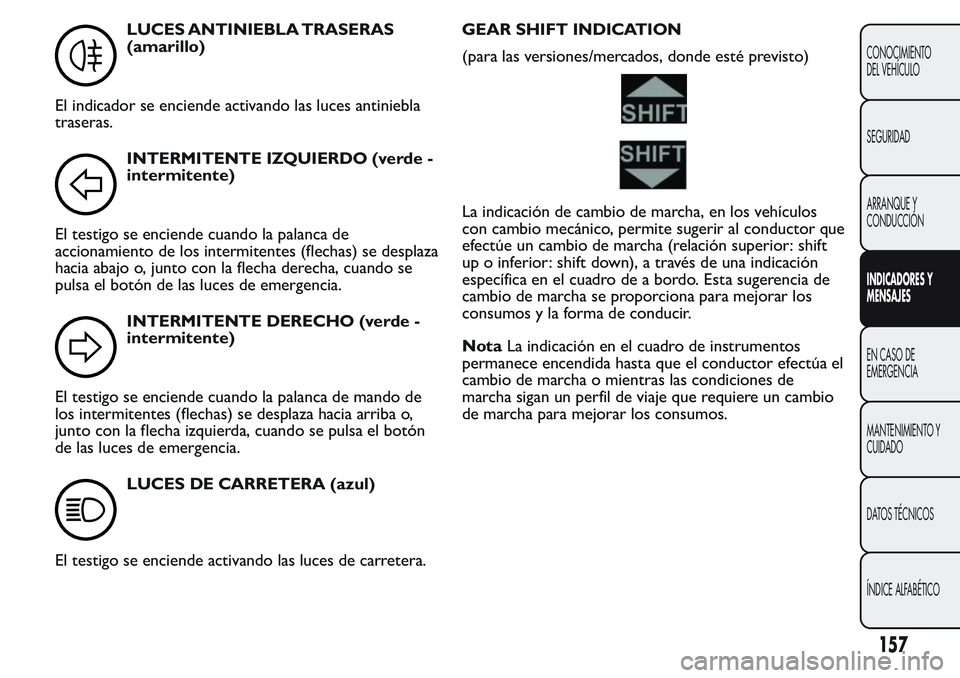 FIAT FIORINO 2017 Manual de Empleo y Cuidado (in Spanish) LUCES ANTINIEBLA TRASERAS
(amarillo)
El indicador se enciende activando las luces antiniebla
traseras.
INTERMITENTE IZQUIERDO (verde -
intermitente)
El testigo se enciende cuando la palanca de
acciona FIAT FIORINO 2017 Manual de Empleo y Cuidado (in Spanish) LUCES ANTINIEBLA TRASERAS
(amarillo)
El indicador se enciende activando las luces antiniebla
traseras.
INTERMITENTE IZQUIERDO (verde -
intermitente)
El testigo se enciende cuando la palanca de
acciona