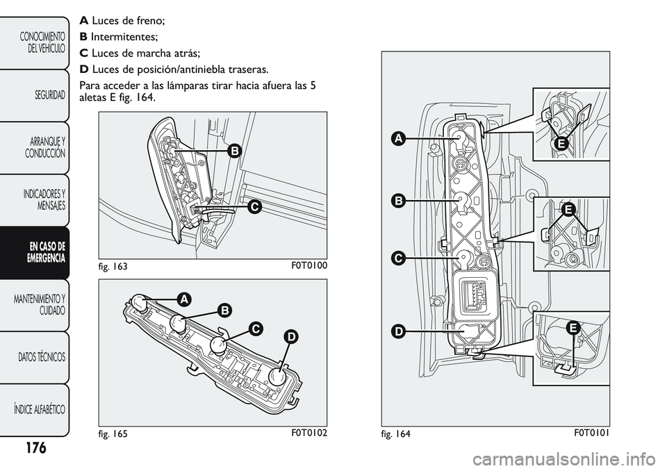 FIAT FIORINO 2017 Manual de Empleo y Cuidado (in Spanish) ALuces de freno;
BIntermitentes;
CLuces de marcha atrás;
DLuces de posición/antiniebla traseras.
Para acceder a las lámparas tirar hacia afuera las 5
aletas E fig. 164.
fig. 163F0T0100
fig. 165F0T0 FIAT FIORINO 2017 Manual de Empleo y Cuidado (in Spanish) ALuces de freno;
BIntermitentes;
CLuces de marcha atrás;
DLuces de posición/antiniebla traseras.
Para acceder a las lámparas tirar hacia afuera las 5
aletas E fig. 164.
fig. 163F0T0100
fig. 165F0T0