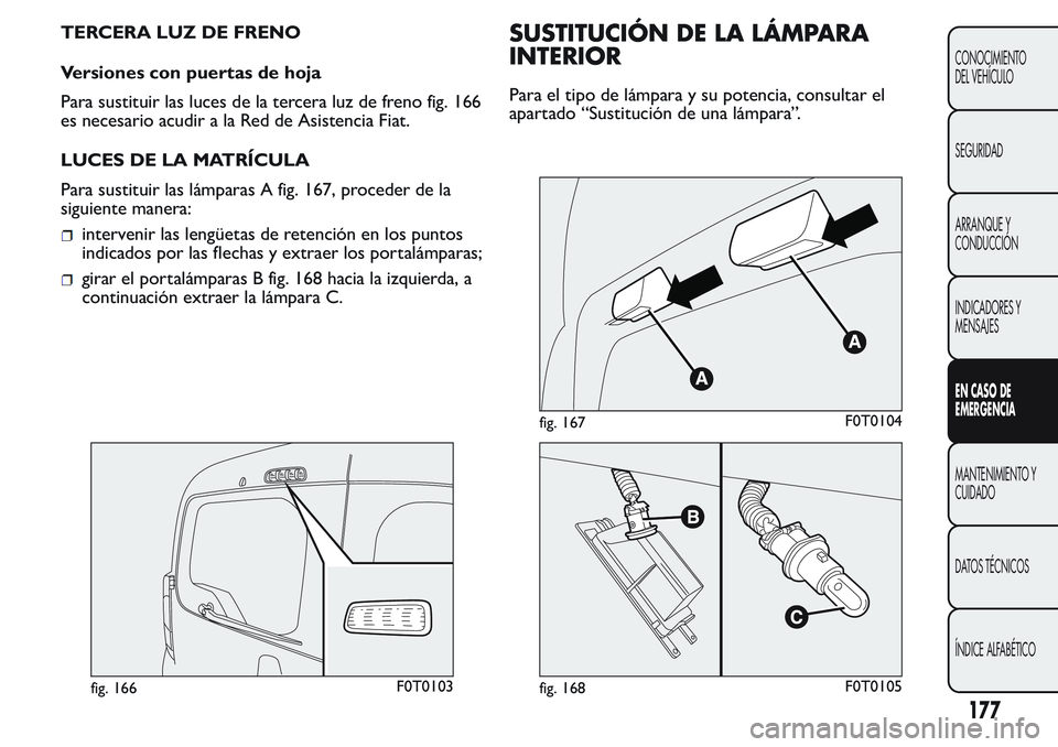 FIAT FIORINO 2017 Manual de Empleo y Cuidado (in Spanish) TERCERA LUZ DE FRENO
Versiones con puertas de hoja
Para sustituir las luces de la tercera luz de freno fig. 166
es necesario acudir a la Red de Asistencia Fiat.
LUCES DE LA MATRÍCULA
Para sustituir l FIAT FIORINO 2017 Manual de Empleo y Cuidado (in Spanish) TERCERA LUZ DE FRENO
Versiones con puertas de hoja
Para sustituir las luces de la tercera luz de freno fig. 166
es necesario acudir a la Red de Asistencia Fiat.
LUCES DE LA MATRÍCULA
Para sustituir l
