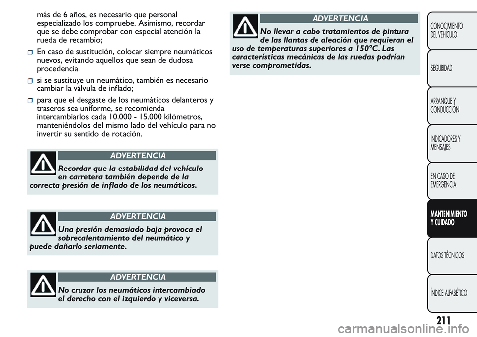 FIAT FIORINO 2017 Manual de Empleo y Cuidado (in Spanish) más de 6 años, es necesario que personal
especializado los compruebe. Asimismo, recordar
que se debe comprobar con especial atención la
rueda de recambio;
En caso de sustitución, colocar siempre n FIAT FIORINO 2017 Manual de Empleo y Cuidado (in Spanish) más de 6 años, es necesario que personal
especializado los compruebe. Asimismo, recordar
que se debe comprobar con especial atención la
rueda de recambio;
En caso de sustitución, colocar siempre n