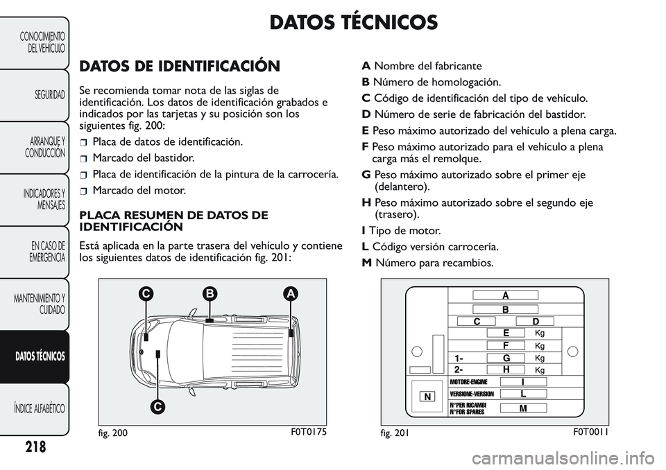 FIAT FIORINO 2017 Manual de Empleo y Cuidado (in Spanish) DATOS TÉCNICOS
DATOS DE IDENTIFICACIÓN
Se recomienda tomar nota de las siglas de
identificación. Los datos de identificación grabados e
indicados por las tarjetas y su posición son los
siguientes FIAT FIORINO 2017 Manual de Empleo y Cuidado (in Spanish) DATOS TÉCNICOS
DATOS DE IDENTIFICACIÓN
Se recomienda tomar nota de las siglas de
identificación. Los datos de identificación grabados e
indicados por las tarjetas y su posición son los
siguientes